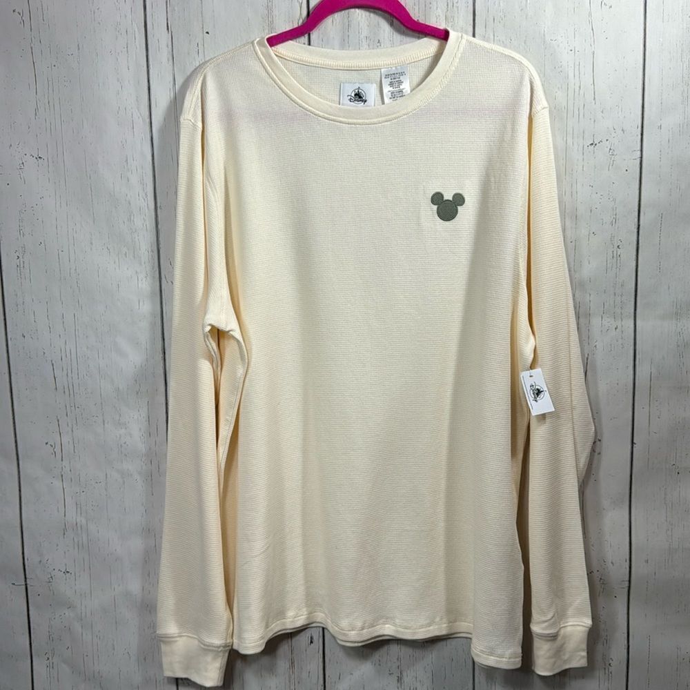 Disney Mickey Mouse Long Sleeve Waffle Knit Shirt Unisex XL Cream Minimalist